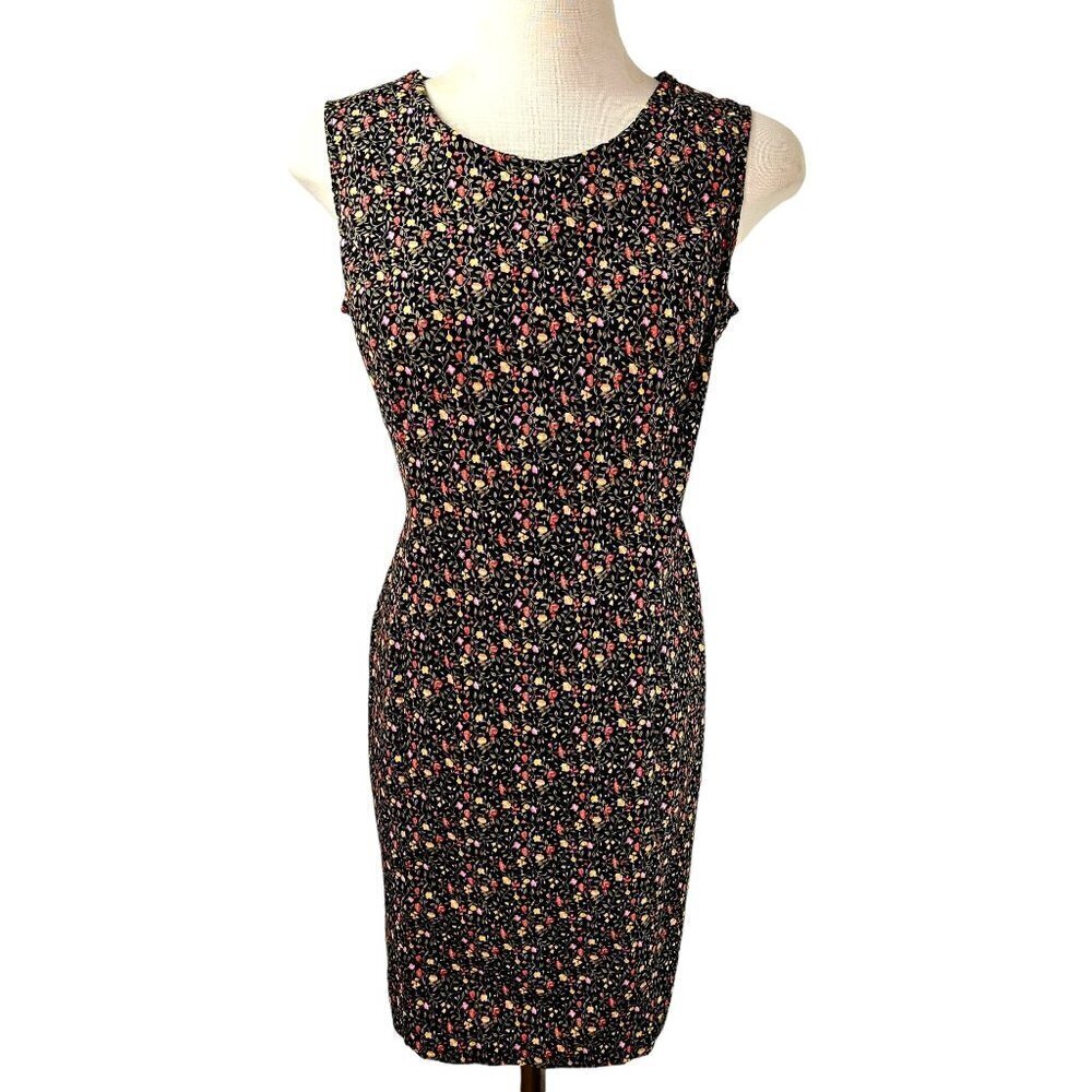 Betsy Lauren Y2K Sleeveless Cotton Sheath Dress Sz 12P Stretch Floral on Black